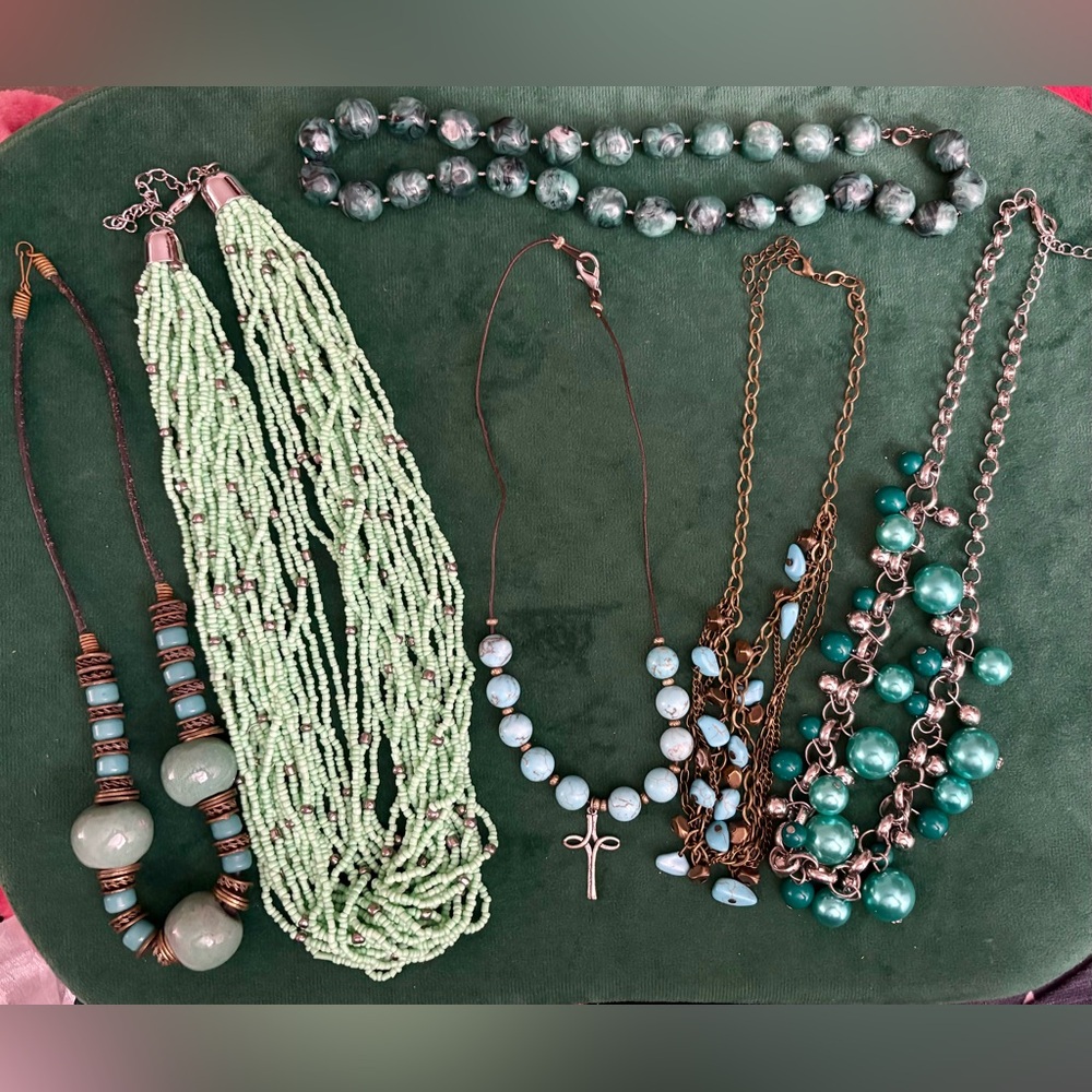 Vintage and New Bead Necklaces in Shades of Green Lot of 6
